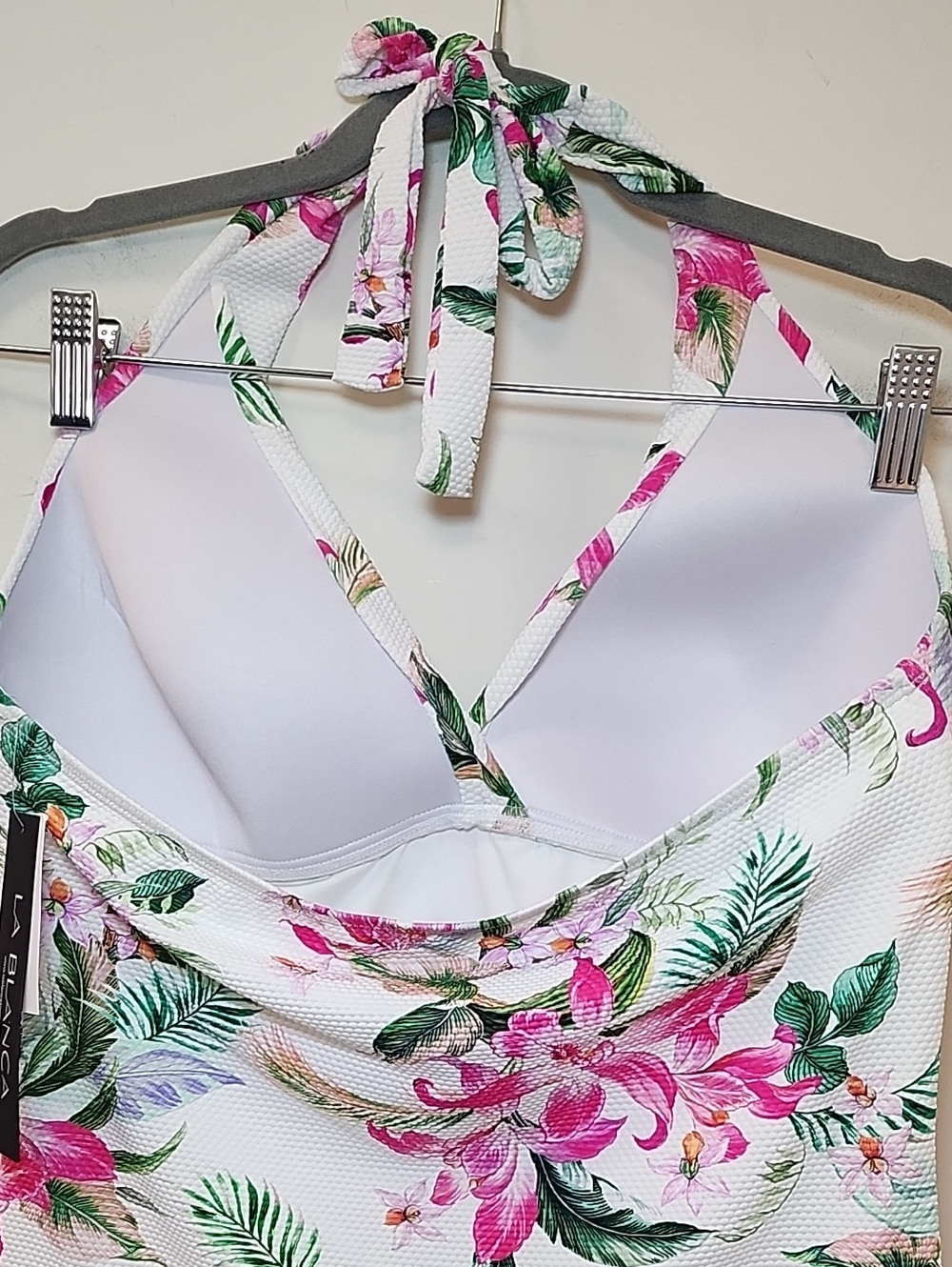 La Blanca halter tankini top v-neckline tropical floral print white/pink Size 12 - Picture 10 of 16